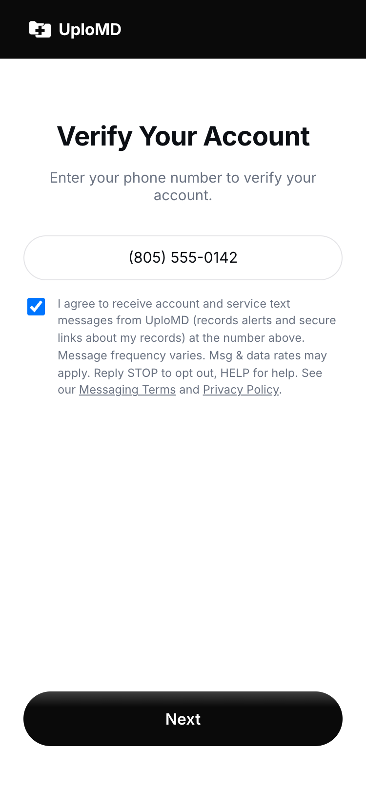 UploMD in-app SMS opt-in: phone number field with an explicit consent checkbox and disclosure